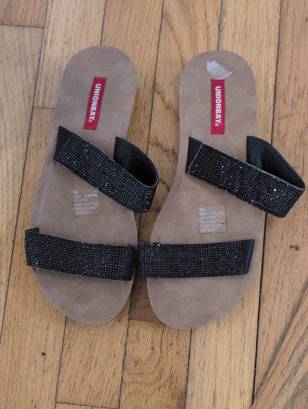 UNIONBAY Black Beaded Double-Strap Slide Sandals